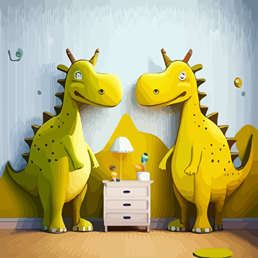 two male cartoon yellow dinosaurs, funny, smiling, standing in a girls bedroom, ar 2:3, vector