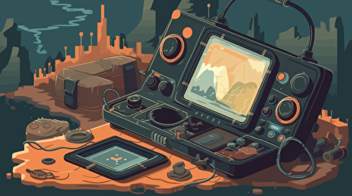 a device that serves as a menu system for an explorer in a video game, flat vector art illustration
