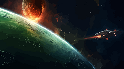 A scene taking place in outer space. On the right side of the image: an undiscovered jungle planet with jungle-like details dotting its surface and a hazy green atmosphere. On the left side of the image: a spaceship quickly approaching the planet and entering its atmosphere with flames surrounding it. Wide angle, indications of high rates of speed, flat vector illustration