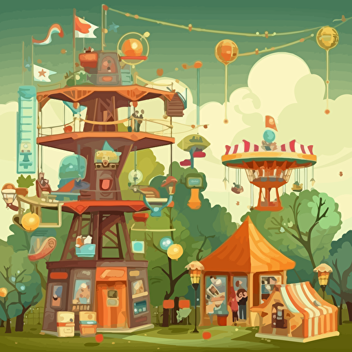 Design a game menu background, a funfair with trees flowers and people in it, add some electrical power equipment, 2.5D vector style, every thing is a cube.