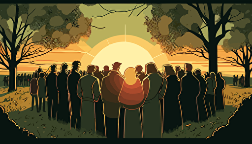 WIDE ANGLE shot perspective. Vector Art, The Sun is starting to set on a warm summer day. A SMALL GROUP of modern day Christians of all ages, have gathered casually to pray together as the sun goes down, They are attired for the summer. They are huddled together, praying arm in arm with their heads bowed, facing the beautiful sun as it begins to set on the distant horizon. Soft, richly colored image