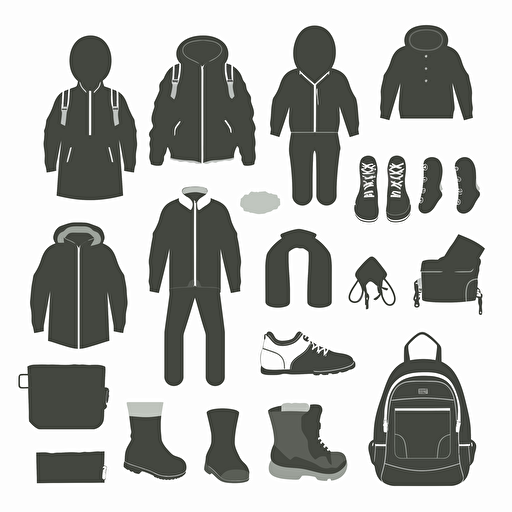 A collection of pictograms consisting of: a pair of shoes, a bagpack, pants, jacket, a beanie, gloves. The collection is meant to be easy to understand with easy shapes. Targetgroup: Kids age 3 to 7, gender-neutral. Specifications of image: Vector-art in 2D. No colors. Black and white only.