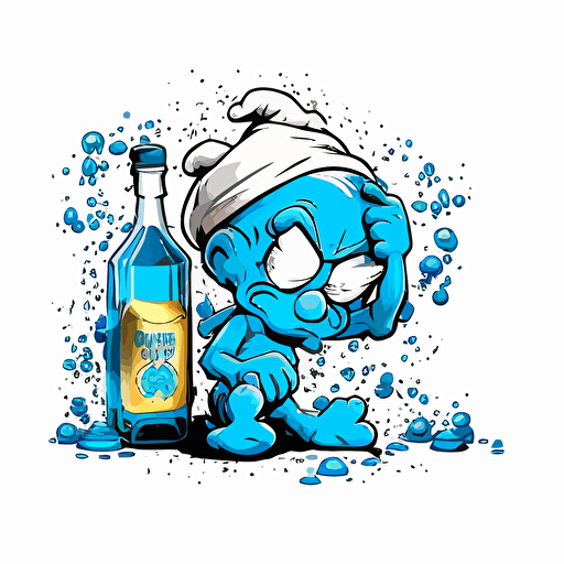 smurf with liquor bottle, eyes open,comic illustration, vector, background white, no text