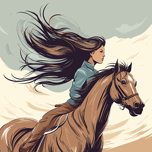 detailed vector illustration of a girl riding a horse on a ranch away from the camera with long hair blowing in the wind,