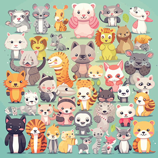100 cute, smiling vector illustration animals, pastel color