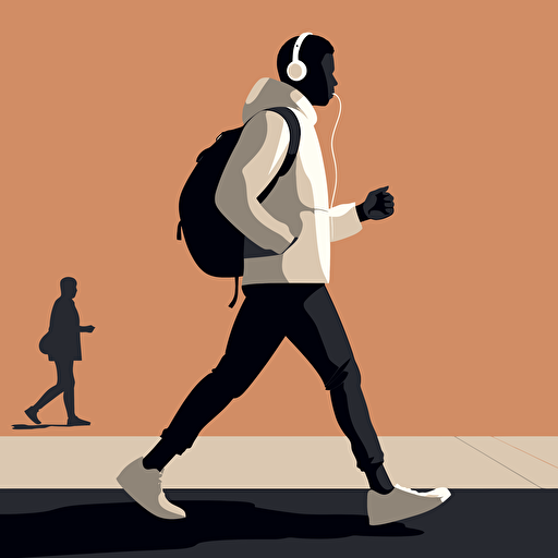 simple vector animation, mid zoom, person with airpods in, walking on the sidewalk