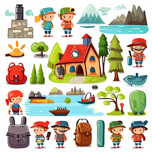 set of bright and happy vector cartoon sprites for children in grid, english countryside, on white background, house, statue, lake, trees, train, town, viking, binoculars, backpack, bridge, gloves, book