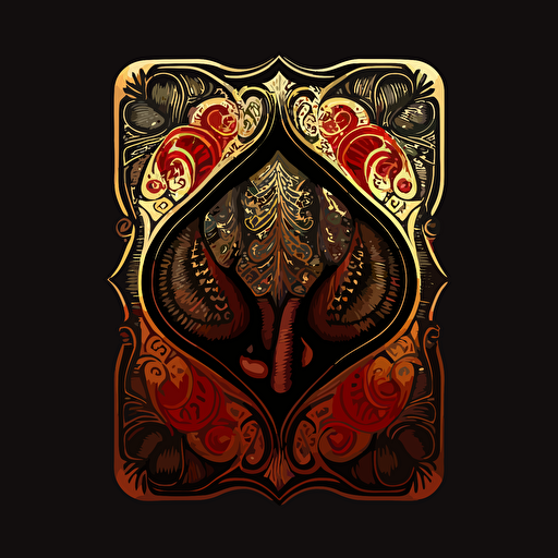 gold & red playing card isolated on black background vector illustration, in the style of casey weldon, conceptual embroideries, mário eloy, mark brooks, majestic elephants, dark red and light black, symmetrical forms