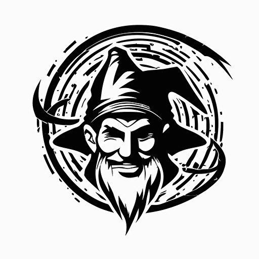 minimalistic pop art iconic logo of grinning wizard wearing headphones, black vector, on white background