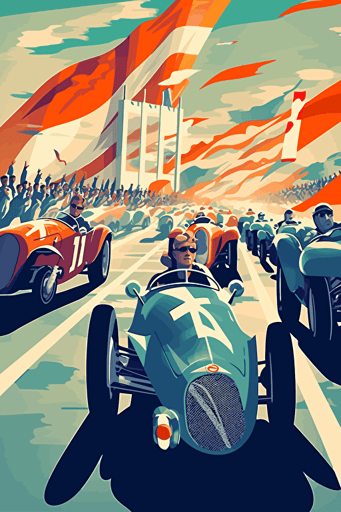 modern poster cartoon style, 1950's racing event, speed, flags, spectators, summer, vector art, light colours,
