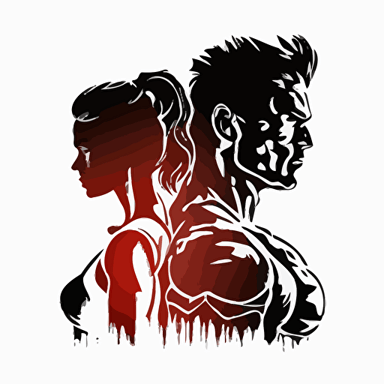 a vector logo with a silhouette of a muscular female back to back with a muscular man with a white background