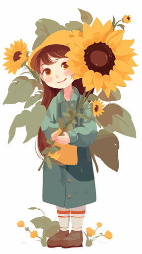 an adorable cute little girl in labor's working suit, Holding a big sunflower in her hand, flat vector illustration,