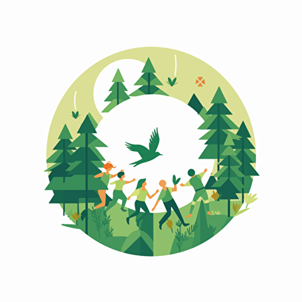 logo, vector arts, minimalist, clean SVG, In a lush green forest, the sun shines down on a group of friends who are laughing and playing together. They're surrounded by the sounds of nature