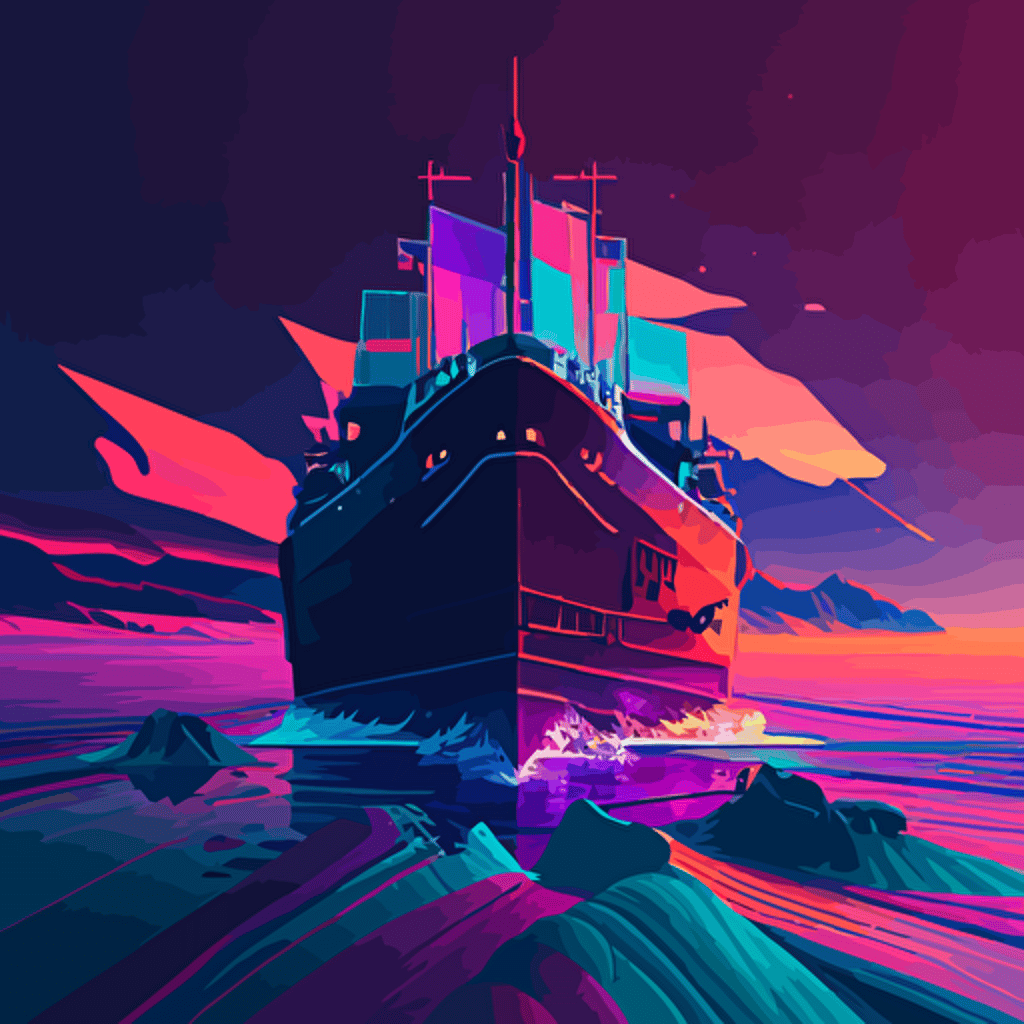 a ship, flat landscape, digital art, vector, long shadow, 45 degree point of view, by Grant Riven Yun , synthwave colors