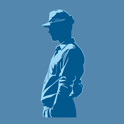silhoette of professional worker, sleeves rolled up, blue color, gray background, simple design, vector style, white outline over silhouette