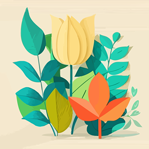 flat vector of 3 spring flowers and some leaves. Bright vibrant neon colours. Cream background. Flat. No shadow. Lots of white space.