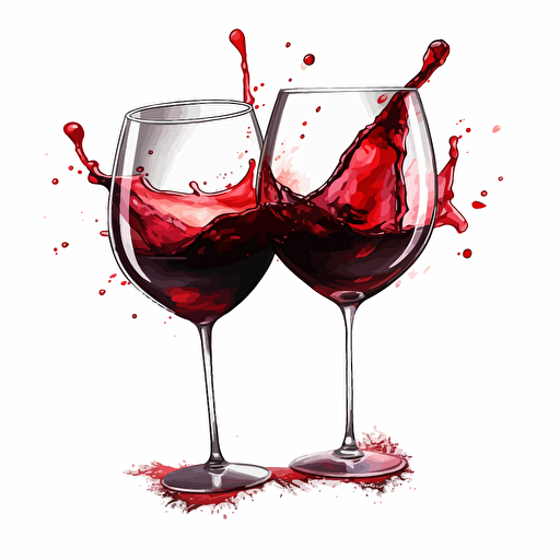 2 wine glasses with red wine clanking together, vector art, white background