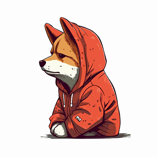 2/3 left side profile shot, cartoon 2d, Shiba Inu wearing a hoodie, cartoon anime, colors red, surreal, Vector illustration, white background