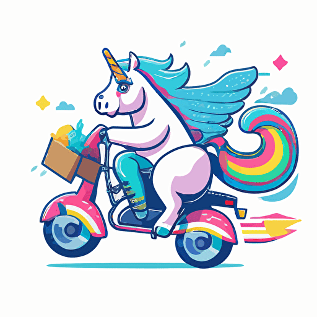 unicorn delivers on a motorcycle, simple flat style, picture, cartoon, vector, white background