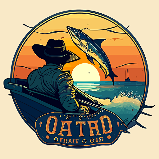 Logo and brand for the "Saltwater Cowboy OBO" featuring view from a modern fishing boat looking out at a young athletic Cowboy, tan skin, wearing a cowboy hat, sunglasses, riding on top of a large blue marlin jumping out of the ocean with the sunset in the background, flat, vector, 2D, modern