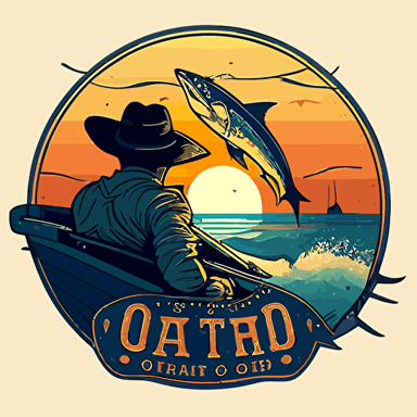 Logo and brand for the "Saltwater Cowboy OBO" featuring view from a modern fishing boat looking out at a young athletic Cowboy, tan skin, wearing a cowboy hat, sunglasses, riding on top of a large blue marlin jumping out of the ocean with the sunset in the background, flat, vector, 2D, modern