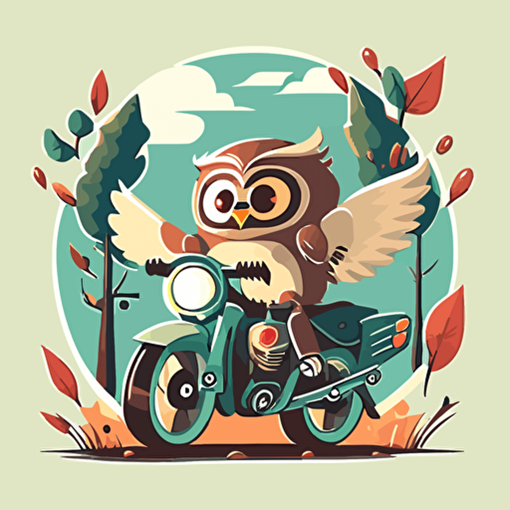 happy owl delivers on a motorcycle, flat style, picture, cartoon, vector