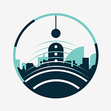 create a simple vector-style square shaped logo with rounded radio waveforms, white background :: and rounded circles with :: radio tower :: hilltop :: white backround, very simple forms, few components