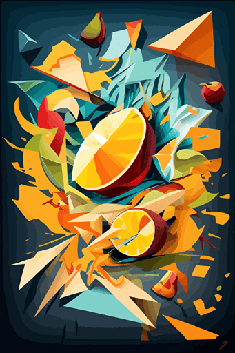 mango explosion, inferno, Neo-Cubism, layered overlapping geometry, geometric fauvism, layered geometric vector art, maximalism; V-Ray, angular oil painting