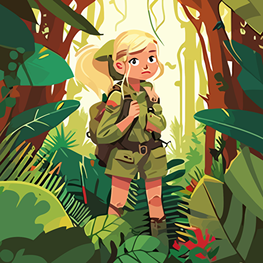 VECTOR ILLUSTRATION FOR A CHILDRENS BOOK. young blonde girl, jungle scene, explorer, rain forrest, vector art, colorful, 1sr person camer angle. golden hour