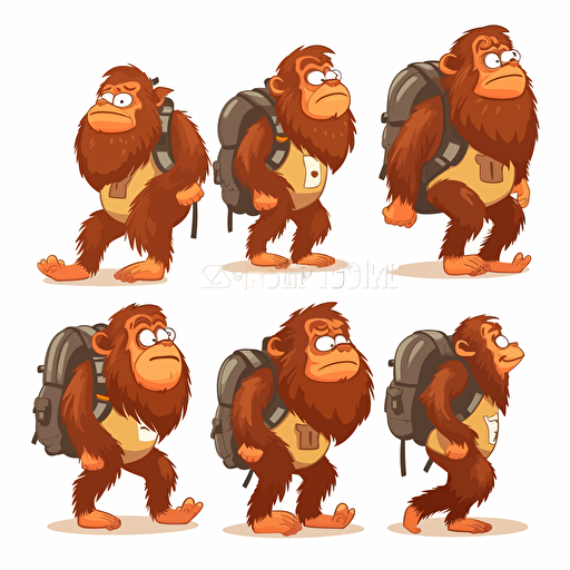 cute childish bigfoot looking straight ahead with a school bag on his back, vector style, multiple poses and expressions, white background