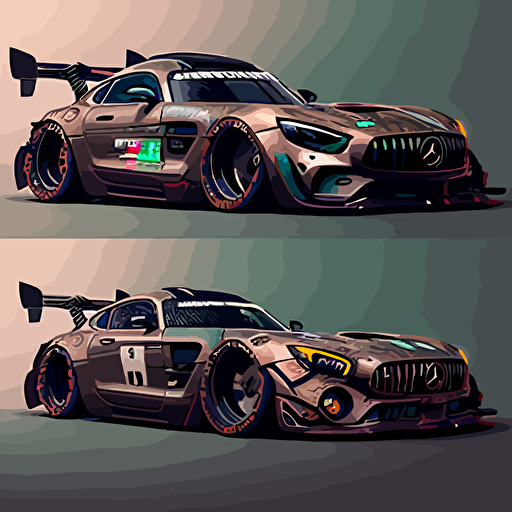 2016 Mercedes-AMG GT3, rebuilt with junk yard parts, mismatched body panels, celshading, Borderlands style, vector image