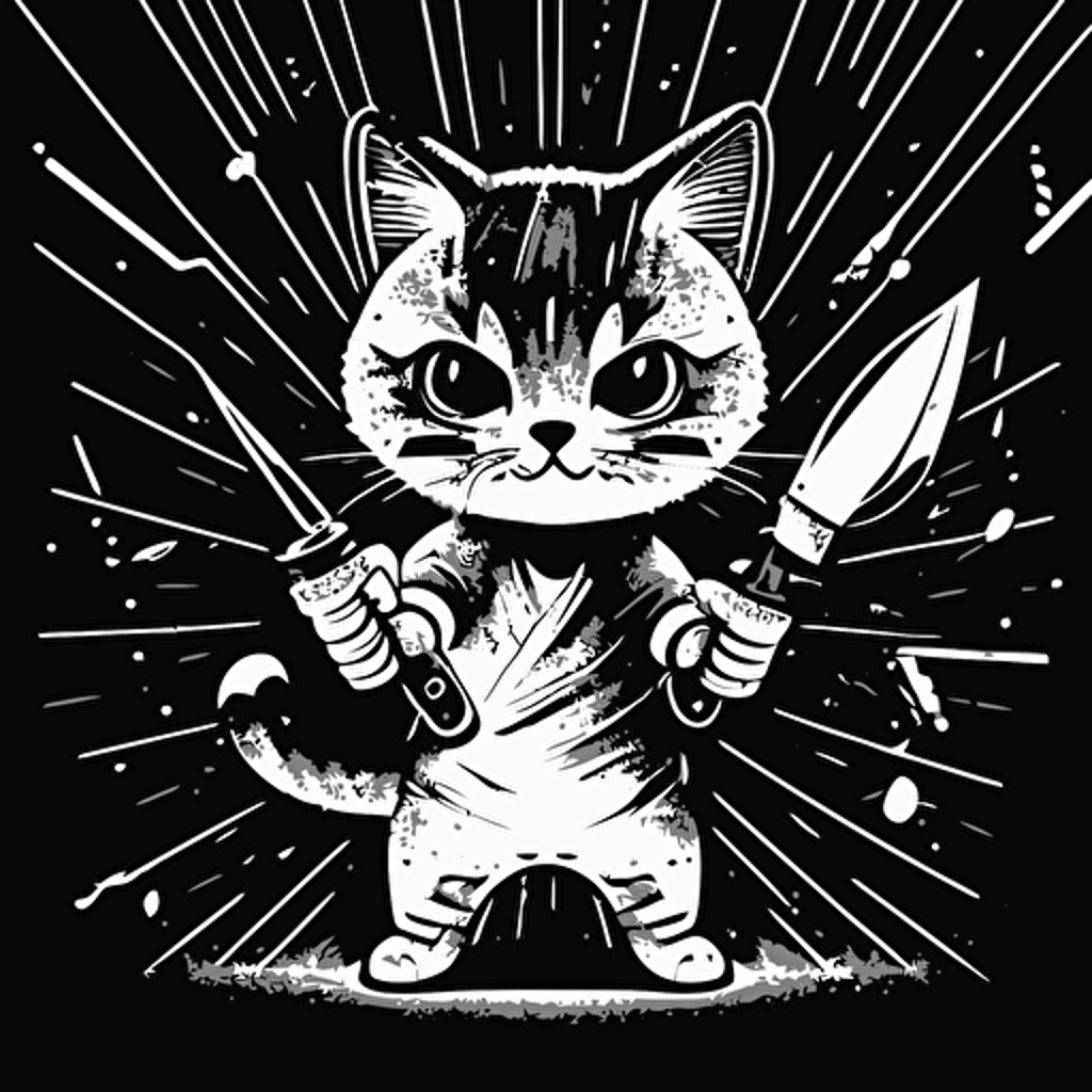 black and white vector illustration of cute cat. 80s style slasher theme