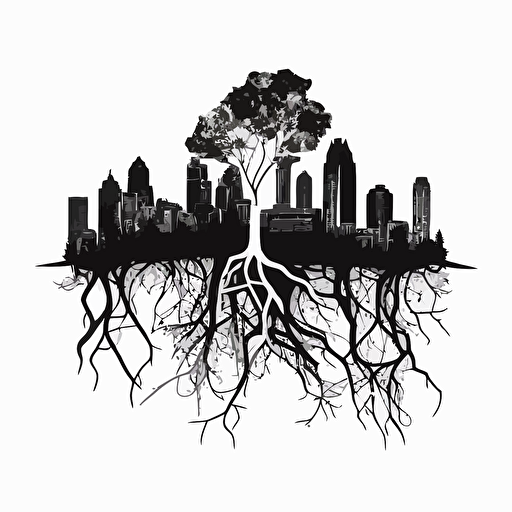 Atlanta skyline with tree roots intertwining the buildings, symbolizing community support and unity, minimalist vector style, black and white, white background