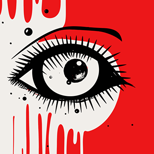 an abstract,minimalistic drawing of an eye looking confused a little happy and suprised, vector black and white, background red