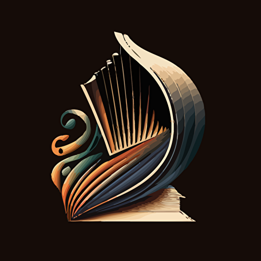 book logo, with harp emerging from pages, minimalist, vector, HD