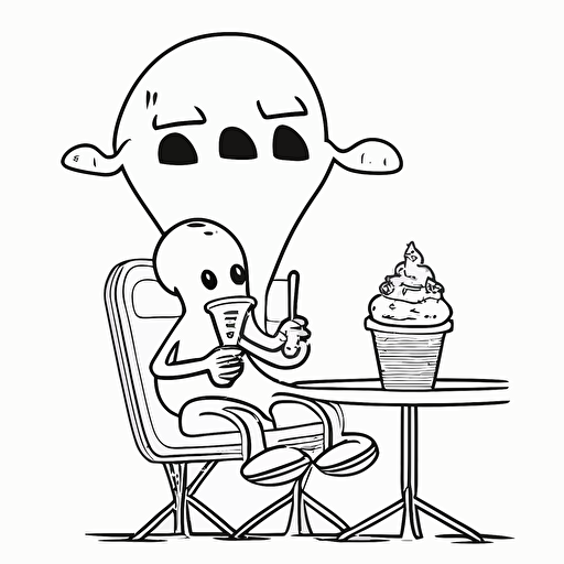 alien relaxing while eating ice cream, simple illustration, cartoon, vector, contour, white bacground