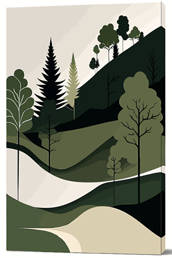 Forest green and beige landscape, Abstract Minimalist art, vector, contour