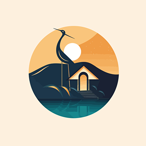 minimalist abstract vector simple logo, only simple shapes, low detail, luxury cabanas, cabanas are close to the top of a hill, the hill is next to a lake, there is a peacock in the roof of the cabana