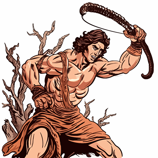 Biblical David holding a slingshot, young man, Bible story, STICKER, violent mood, earthen colors, in the style of Conan comic books, CONTOUR, VECTOR, WHITE BACKGROUND, high detail,