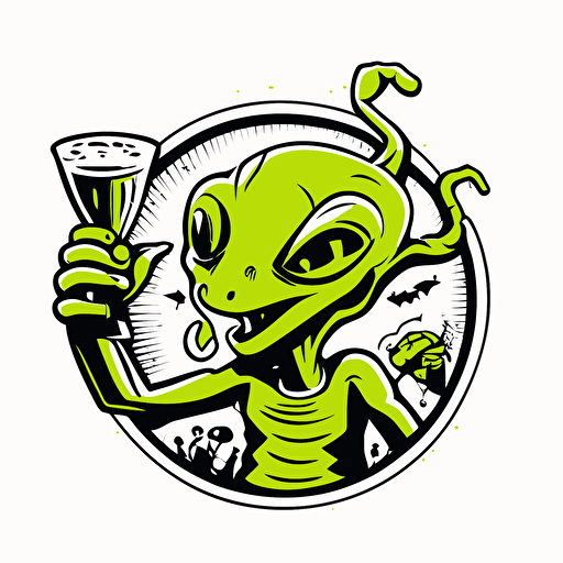 alien at a frat party, vector logo, vector art, emblem, simple cartoon, 2d, no text, white background