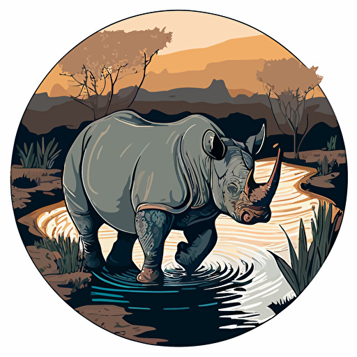 a circular patch of a rhino crossing a river. color vector format