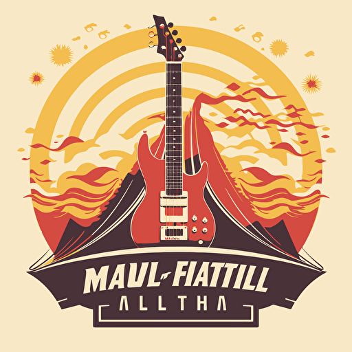 Flat vector media page logo with electric guitar, fuji hill and wave, retro, japanese style