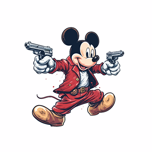 mickey mouse turned sideway dodging flying bullets vector illustration isolated on white background, logo, vector, monochromatic