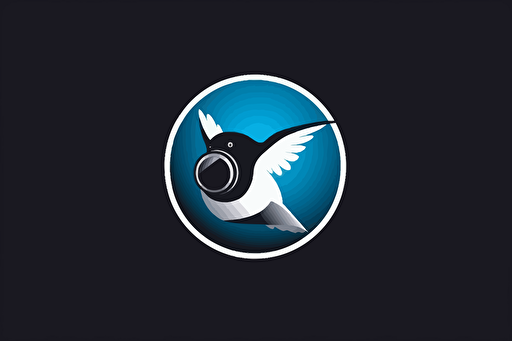 swift bird flying fast in front of a DSLR camera, vector logo, minimalist, simple, two color, blue, white, black