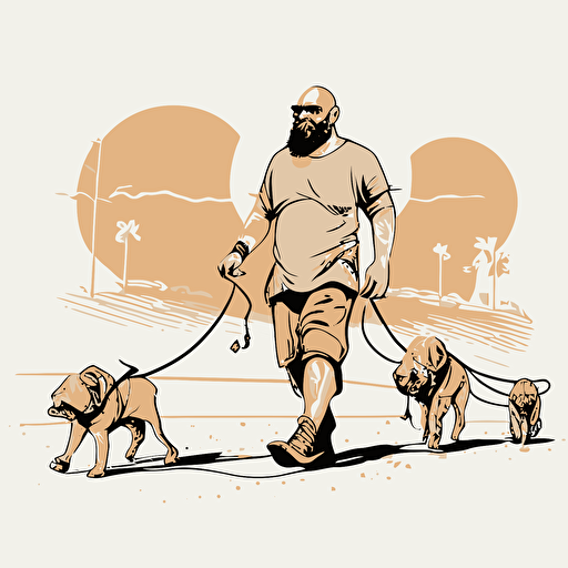a bald bearded man walking dogs on a leash, digital rendering, avatar image, simple clean vector