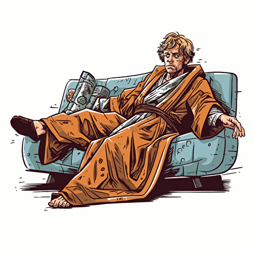 luke skywalker in jedi robes, holding an activated functioning lightsaber weapon in hand, lying down on a chaise lounge looking confused, cartoon comic book style vector drawing white background