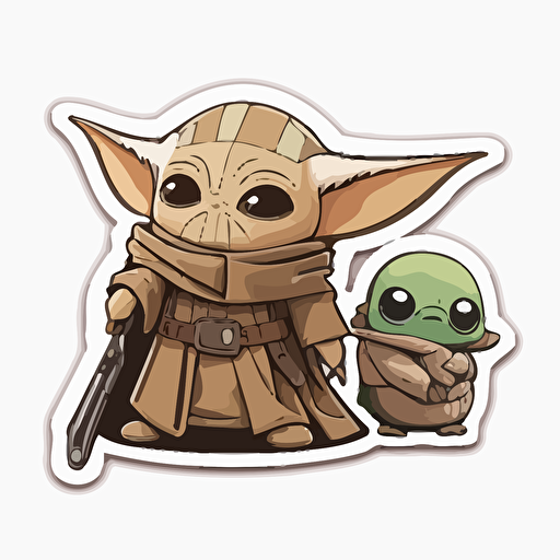 smiling baby yoda standing together with the Mandalorian, Sticker, Excited, Matte, Anime, Contour, Vector, White Background, Detailed