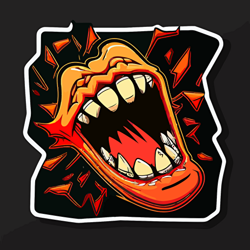 sticker, angry piece of gum with strong jaw perfect teeth, contour, vector, black background