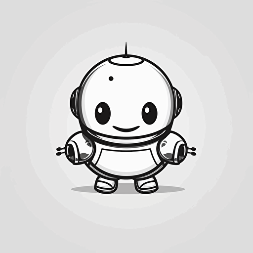 Chubby robot illustration, looking at the camera, minimal, outline strokes only, black and white, logo, vector, white background