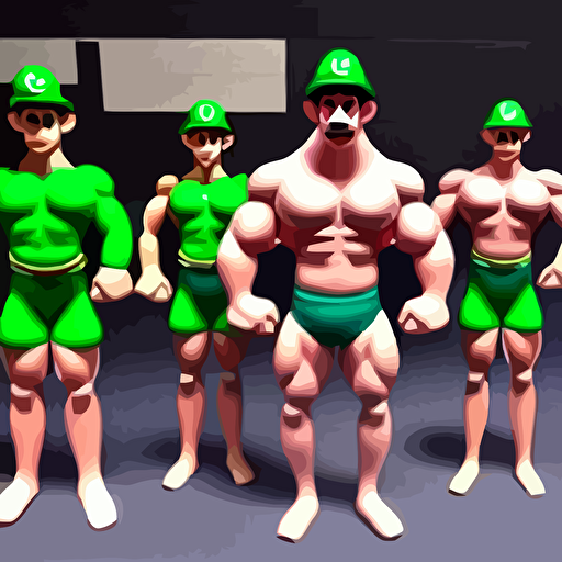 amazing detailed render shirtless luigi body builder weight lifting competition extremely muscular steroids veins popping crowd cheering background 3d unreal engine hdr massive muscles detailed face detailed eyes pupils face visible detailed green luigi \ l\ hat dramatic lighting highlights muscles veins